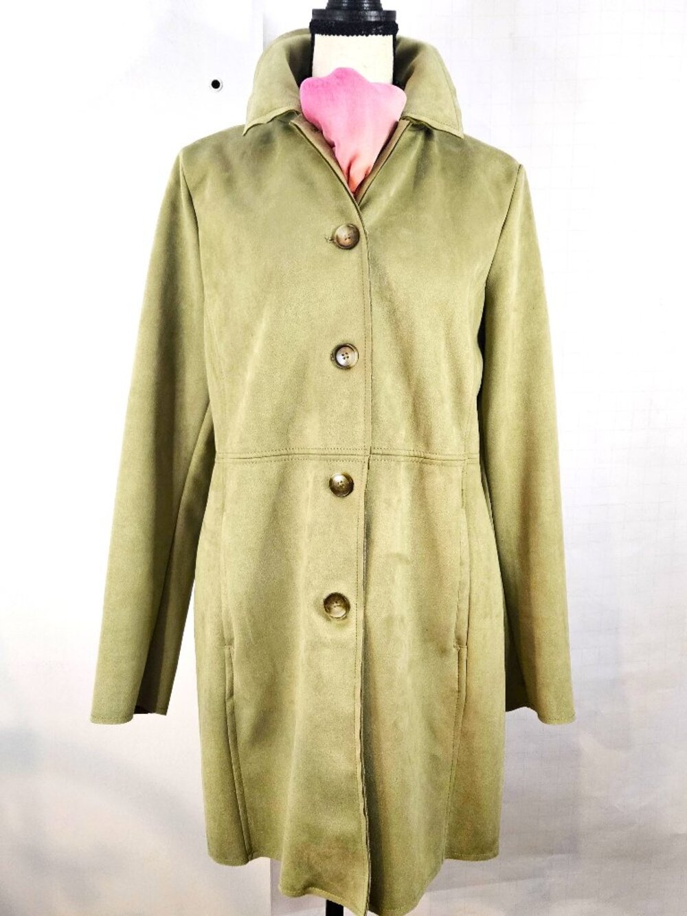 Tahari Sage Green Stretchy Faux Suede Mid-Length Polyester Spandex SZ SP Coat